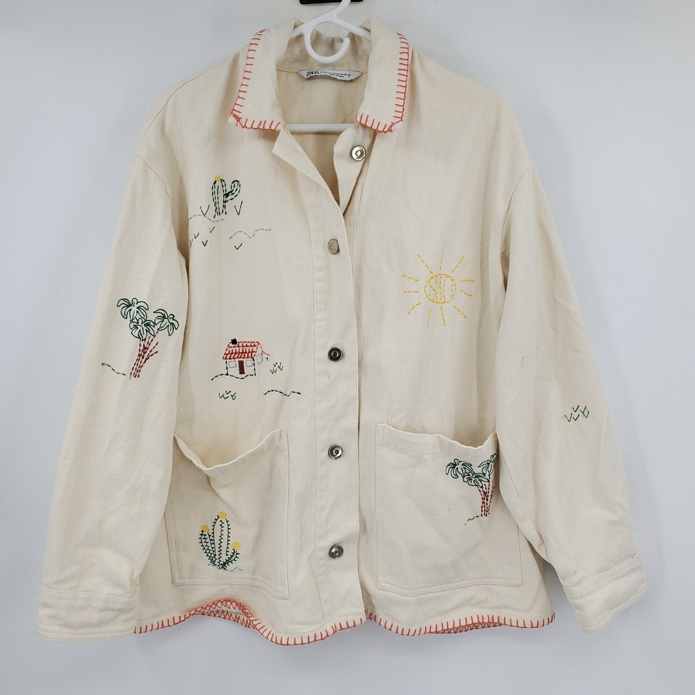 Zara Cream Embroidered Jean Jacket with Multicolor Details